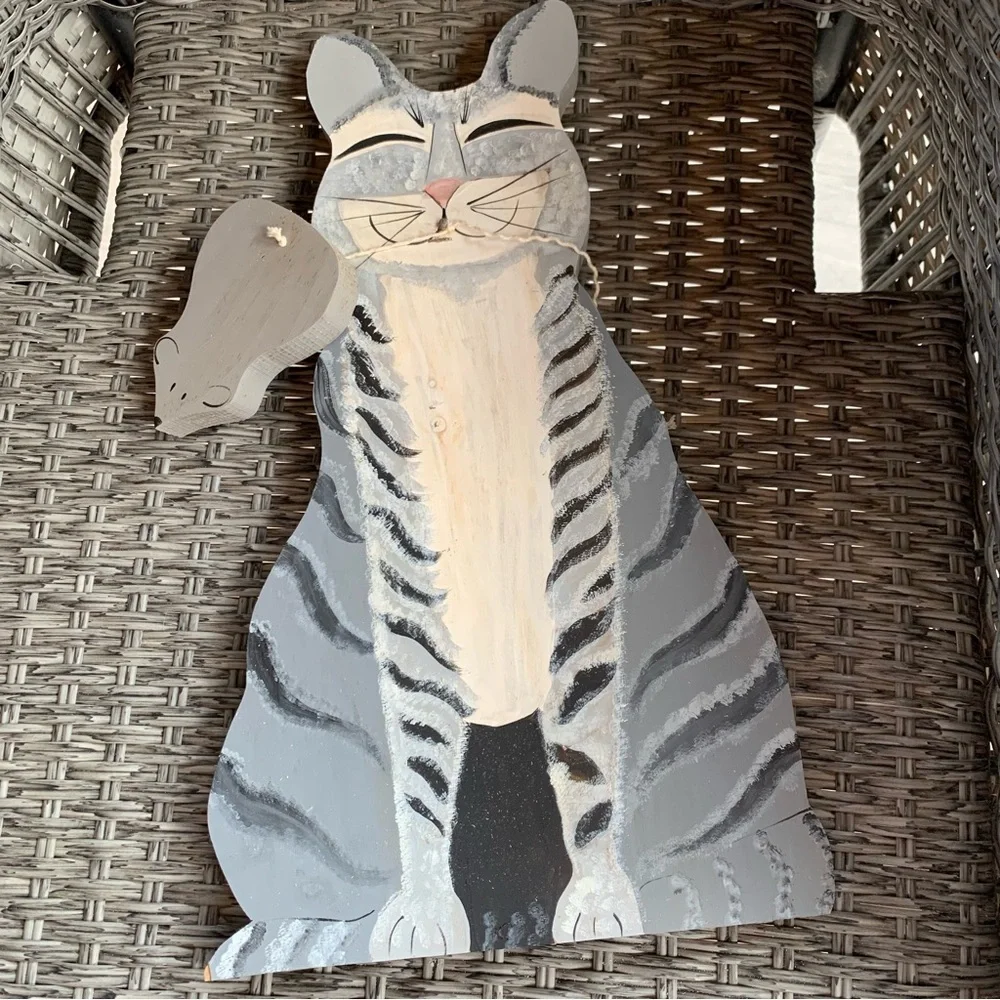 Vintage 90s Kitty Cat & Mouse Wall Hanger Handmade Wooden Folk Country Cottage